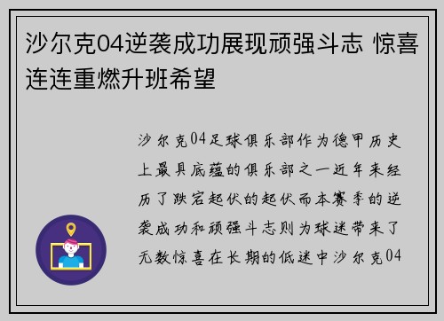 沙尔克04逆袭成功展现顽强斗志 惊喜连连重燃升班希望