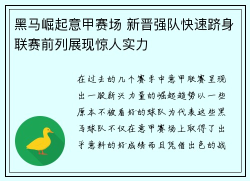 黑马崛起意甲赛场 新晋强队快速跻身联赛前列展现惊人实力