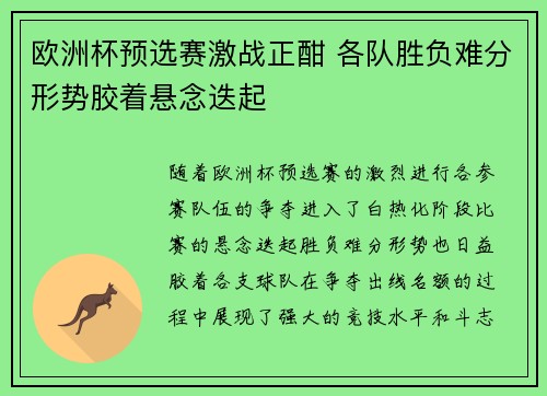 欧洲杯预选赛激战正酣 各队胜负难分形势胶着悬念迭起